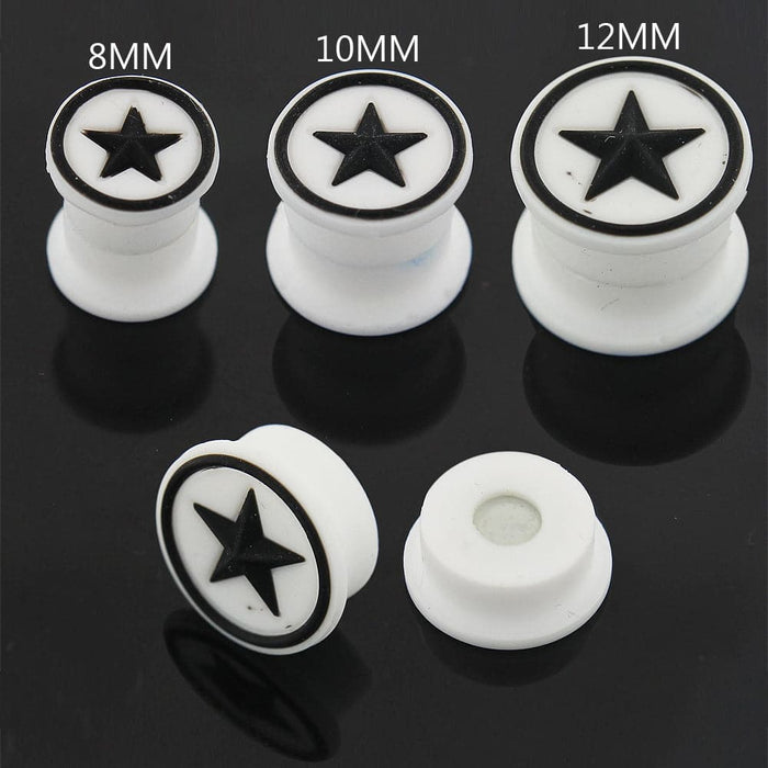 Embossed Black Star in White Silicone Magnetic Ear Plug - Monster Piercing