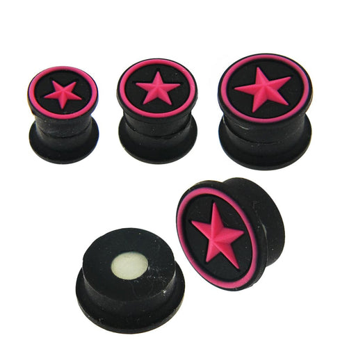 Embossed Fuchsia Star in Black Silicone Magnetic Ear Plug - Monster Piercing