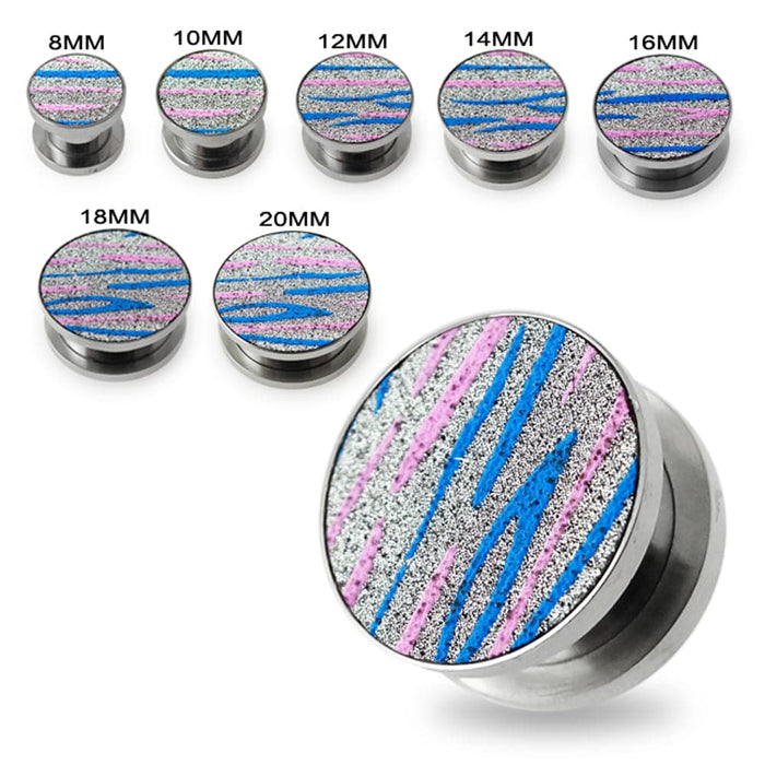 Pink and Blue Stripes on Glitter Flesh Tunnels - Monster Piercing