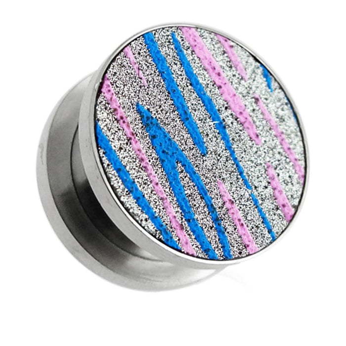 Pink and Blue Stripes on Glitter Flesh Tunnels - Monster Piercing