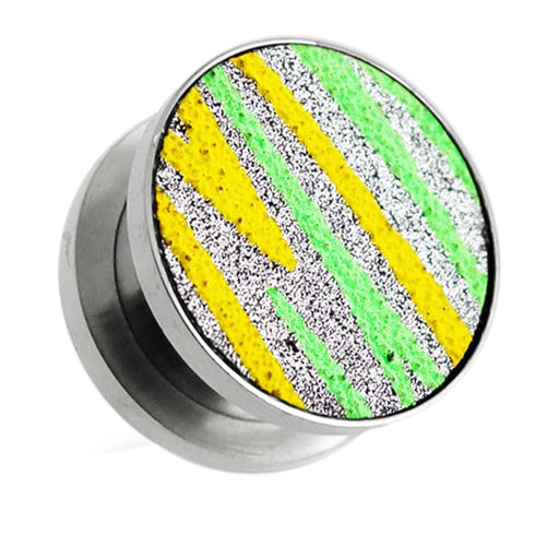 Yellow and Green Stripes on Glitter Flesh Tunnels - Monster Piercing