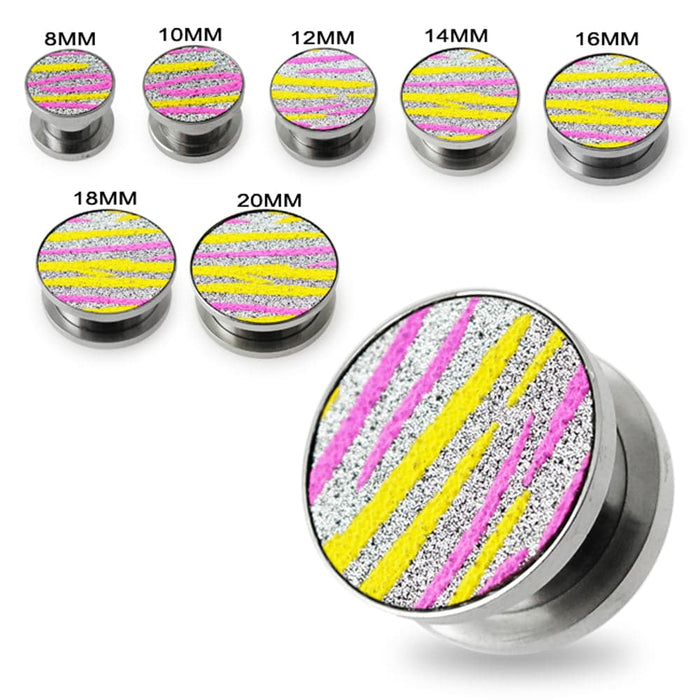 Yellow and Pink Stripes on Glitter Flesh Tunnels - Monster Piercing