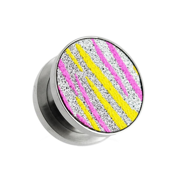 Yellow and Pink Stripes on Glitter Flesh Tunnels - Monster Piercing