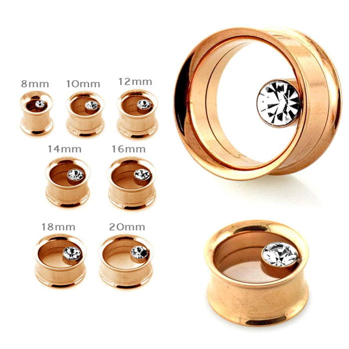 Bezel Set Single Crystal Stone Rose Gold Plated Ear Flesh Tunnel - Monster Piercing