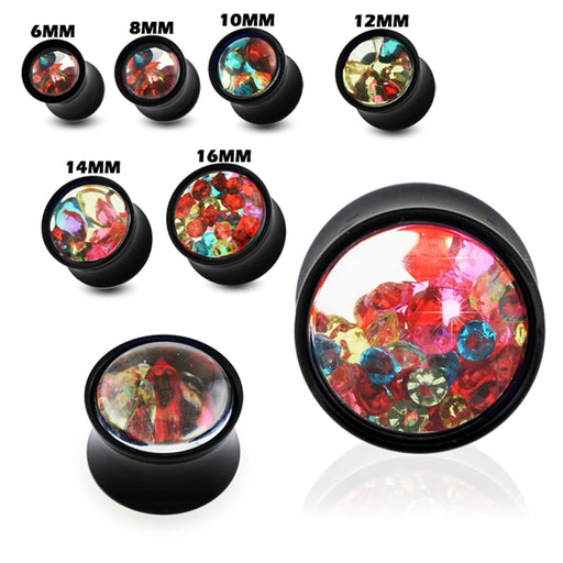 Multi Colored Gems Encased Within a Black Double Flared Ear Plug - Monster Piercing