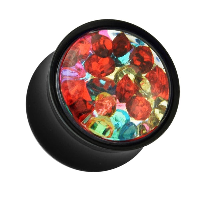 Multi Colored Gems Encased Within a Black Double Flared Ear Plug - Monster Piercing