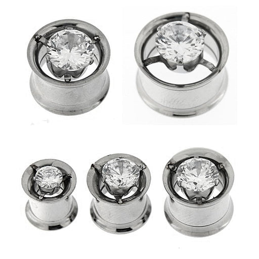 Single CZ in Center Steel Flesh Tunnel Body Jewelry - Monster Piercing