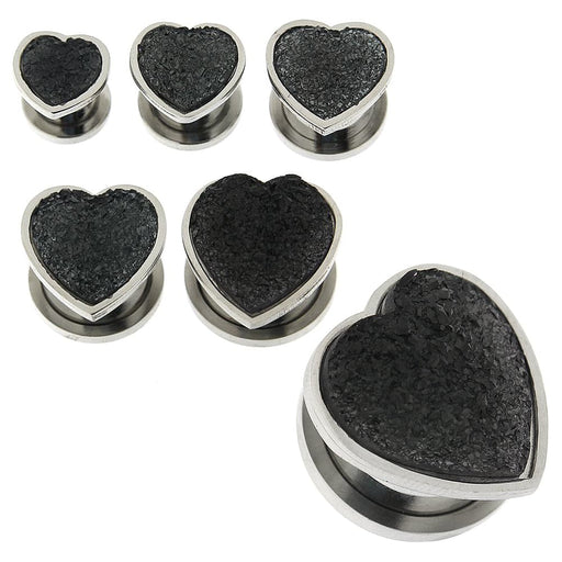 Glittering Jet Hematite Heart Surgical Steel Flesh Tunnel - Monster Piercing