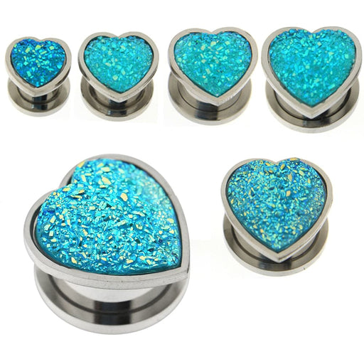 Aqua Glittering Jet Hematite Heart Surgical Steel Flesh Tunnel - Monster Piercing