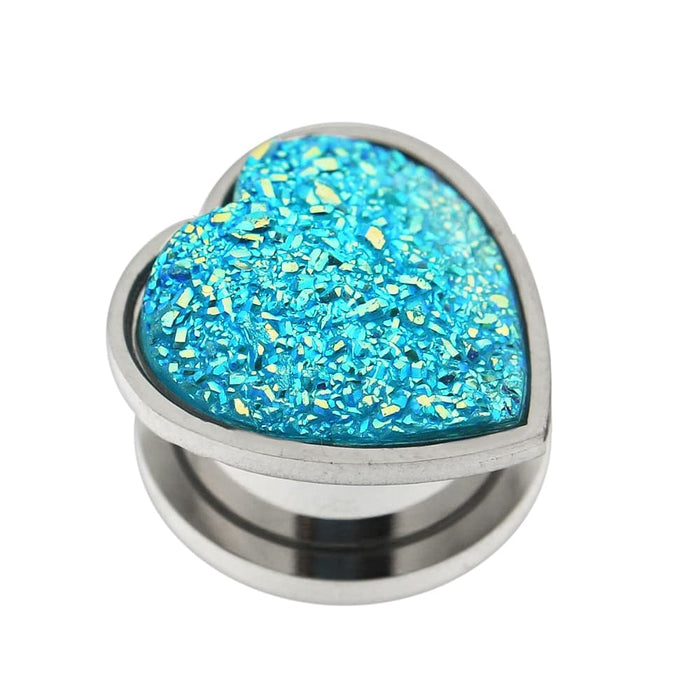 Aqua Glittering Jet Hematite Heart Surgical Steel Flesh Tunnel - Monster Piercing