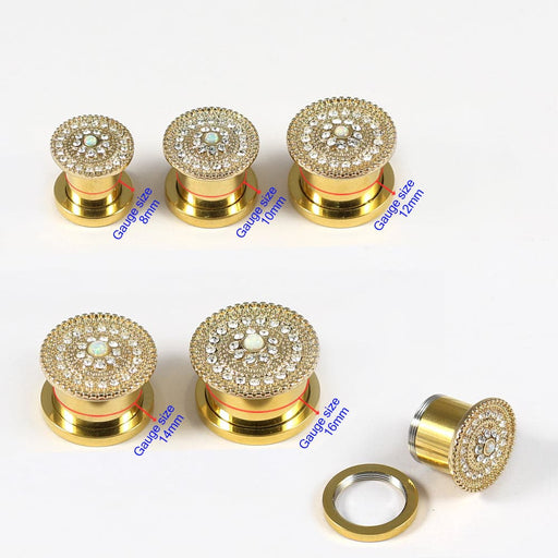 Gold PVD Plated Micro Jeweled CZ with center Opal Stone Ear Flesh Tunnel - Monster Piercing