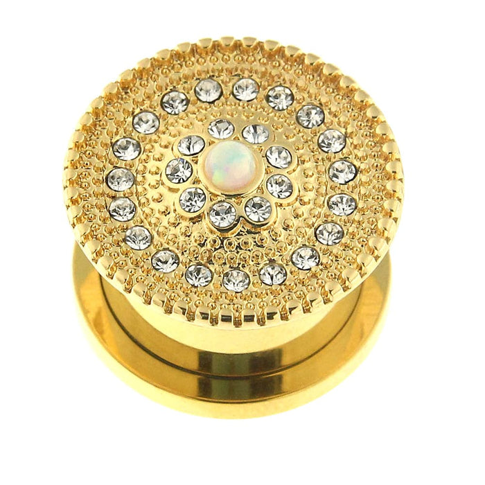 Gold PVD Plated Micro Jeweled CZ with center Opal Stone Ear Flesh Tunnel - Monster Piercing