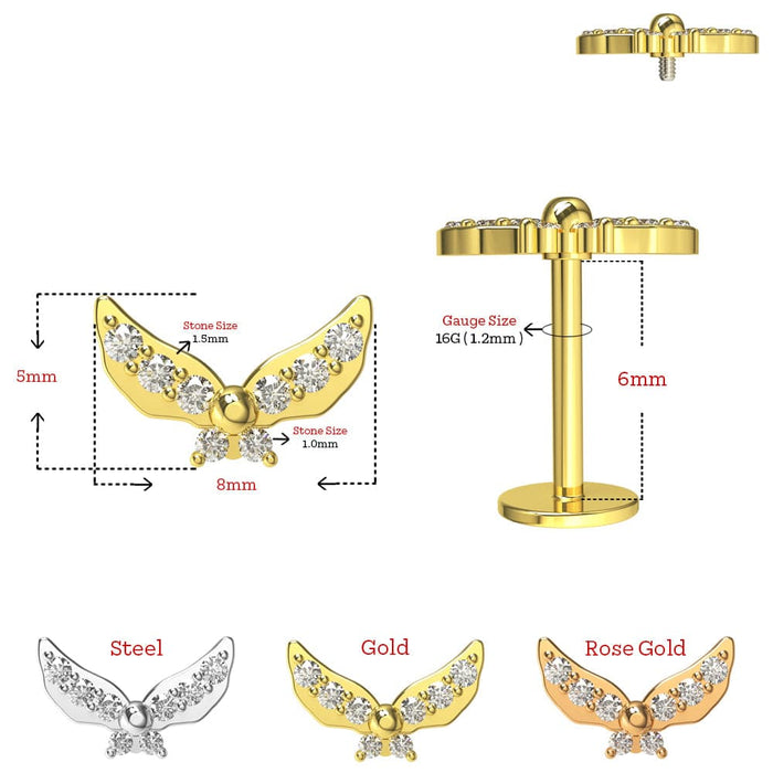 Jeweled Butterfly Internally Threaded Screw Fit Labret Stud - 16G Flat Back Stud - Monster Piercing