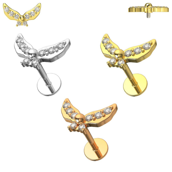 Jeweled Butterfly Internally Threaded Screw Fit Labret Stud - 16G Flat Back Stud - Monster Piercing