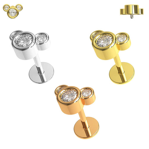 Jeweled Bear Internally Threaded Screw Fit Labret Stud - 16G Flat Back Stud - Monster Piercing