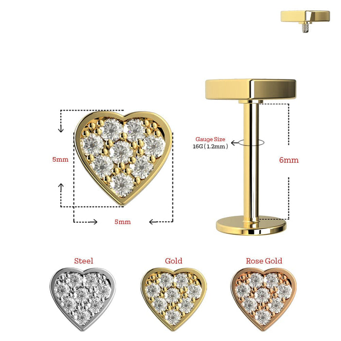 Jeweled Heart Internally Threaded Screw Fit Labret Stud - 16G Flat Back Stud - Monster Piercing