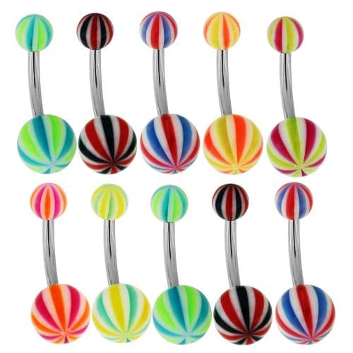 Steel Belly Banana with Multi-Striped UV Balls (Pack of 10) - Monster Piercing