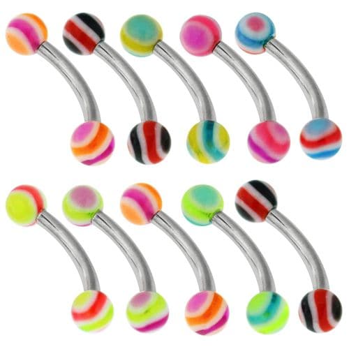 Steel Curved Bar with Wavy Stripes UV Ball (Pack of 10) - Monster Piercing