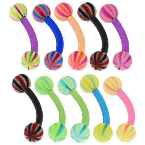 UV Curved Bar with Multi-Stripes UV Ball (Pack of 10) - Monster Piercing