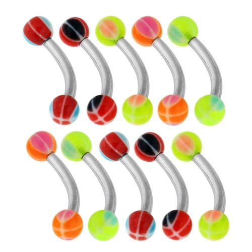 Steel Curved Bar with Neon Basketball UV Ball (Pack of 10) - Monster Piercing