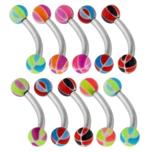 Steel Curved Bar with Neon UV Basketball (Pack of 10) - Monster Piercing