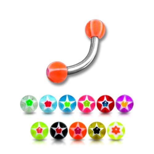 Steel Curved Bar with Neon Star UV Ball (Pack of 10) - Monster Piercing