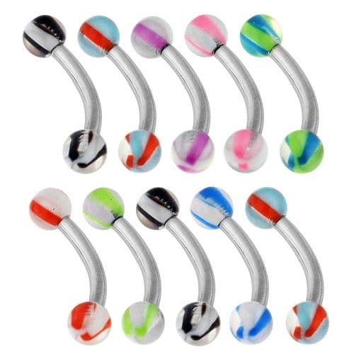 Steel Curved Bar with Mixed Marble UV Ball (Pack of 10) - Monster Piercing