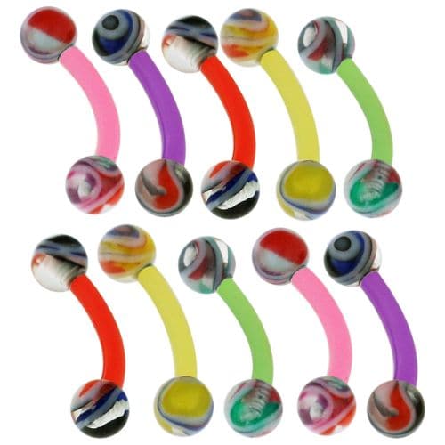 UV Curved Bar with Coloured Marble UV Ball (Pack of 10) - Monster Piercing