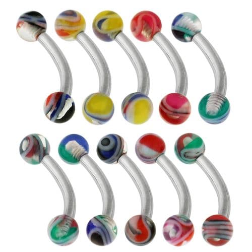 Steel Curved Bar with Trippy Marble UV Ball (Pack of 10) - Monster Piercing