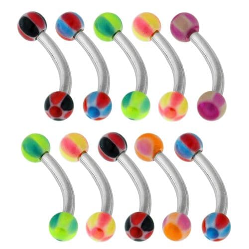 Steel Curved Bar with Neon Striped UV Ball (Pack of 10) - Monster Piercing