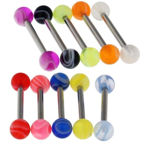 Steel Tongue Barbell with Neon Marble UV Balls (Pack of 10) - Monster Piercing