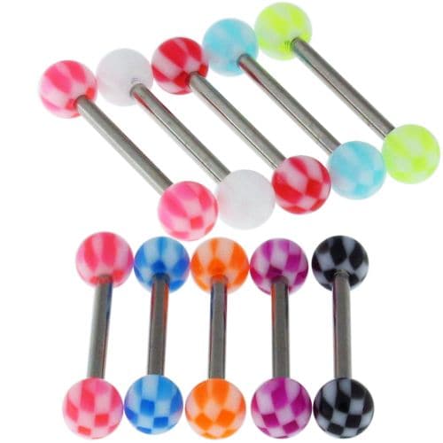 Steel Tongue Barbell with Checked UV Balls (Pack of 10) - Monster Piercing