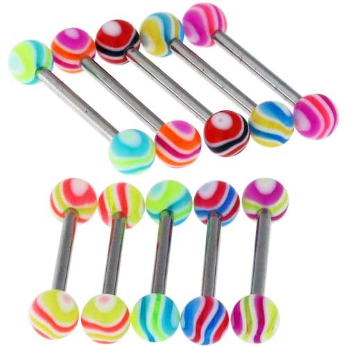 Steel Tongue Barbell with Multi-coloured UV Balls (Pack of 10) - Monster Piercing