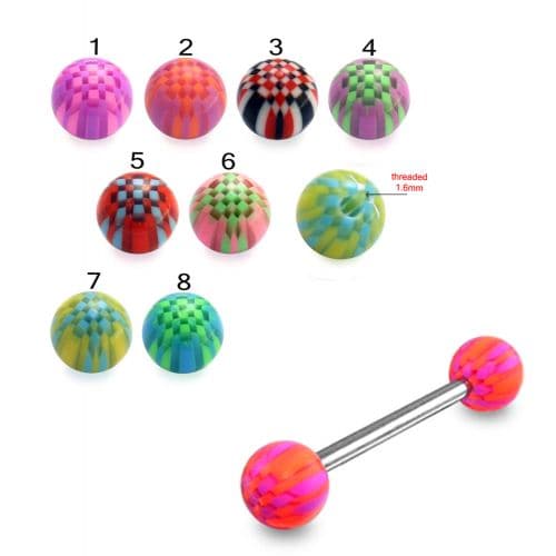 Steel Tongue Barbell with Checkered UV Balls (Pack of 10) - Monster Piercing