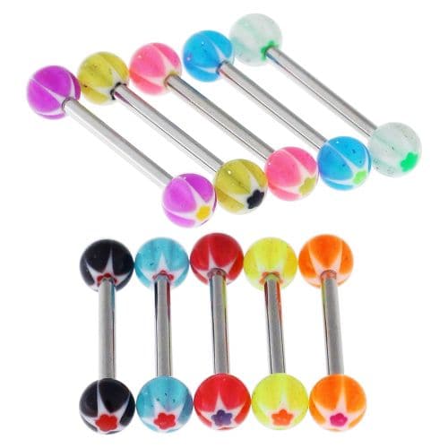 Steel Tongue Barbell with Star & Flower UV Balls (Pack of 10) - Monster Piercing