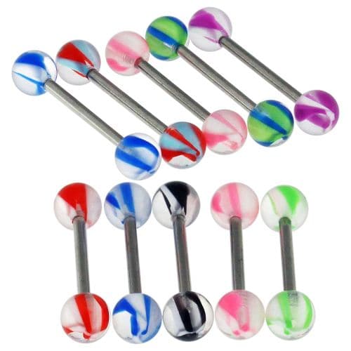 Steel Tongue Barbell with Mixed Marble UV Balls (Pack of 10) - Monster Piercing