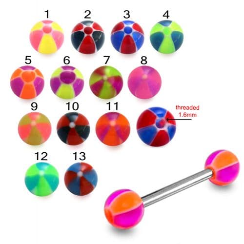 Steel Tongue Barbell Multi Beach Colour UV Balls (Pack of 10) - Monster Piercing