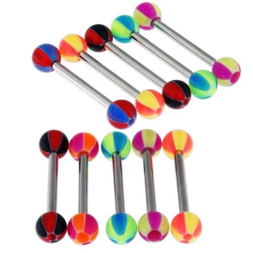 Steel Tongue Barbell Multi Beach Colour UV Balls (Pack of 10) - Monster Piercing