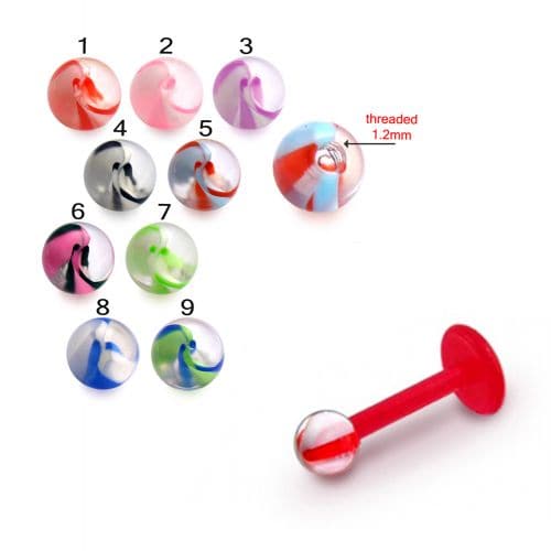 Red UV Labret with Spiral Marble UV Ball (Pack of 10) - Monster Piercing