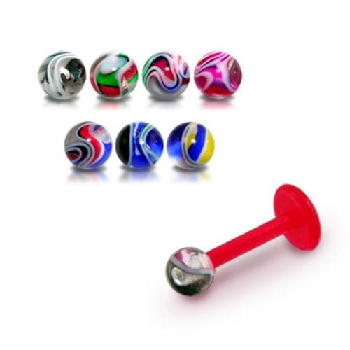 Red UV Labret with Multi-Coloured UV Ball (Pack of 10) - Monster Piercing