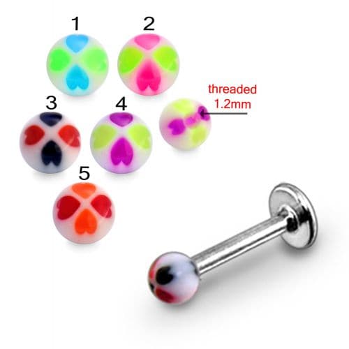 Steel Labret with 4 Hearts UV Ball (Pack of 10) - Monster Piercing