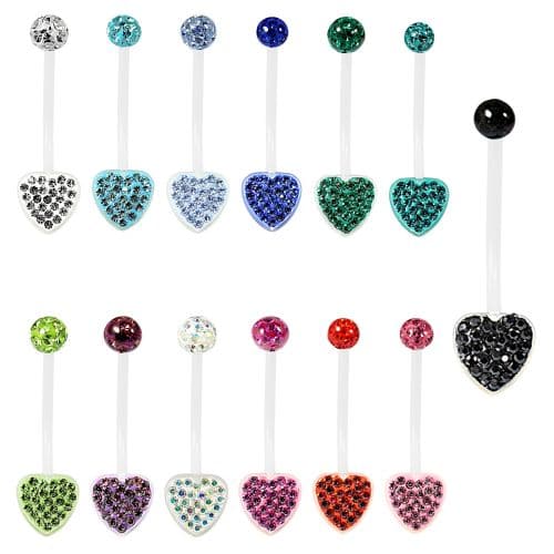 Heart Bio Flex with Multi Crystal Stone Top Ball Belly Ring - Monster Piercing