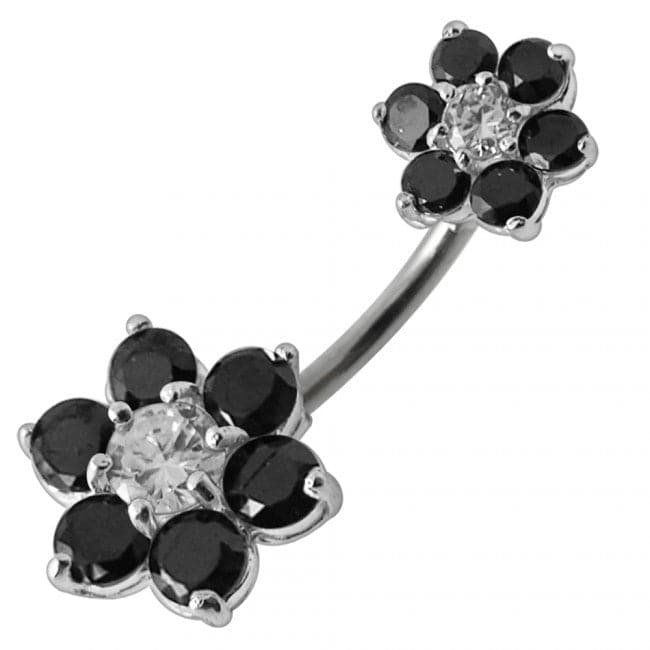 Jewelled Flower Pair Spinal Belly Button Ring - Monster Piercing