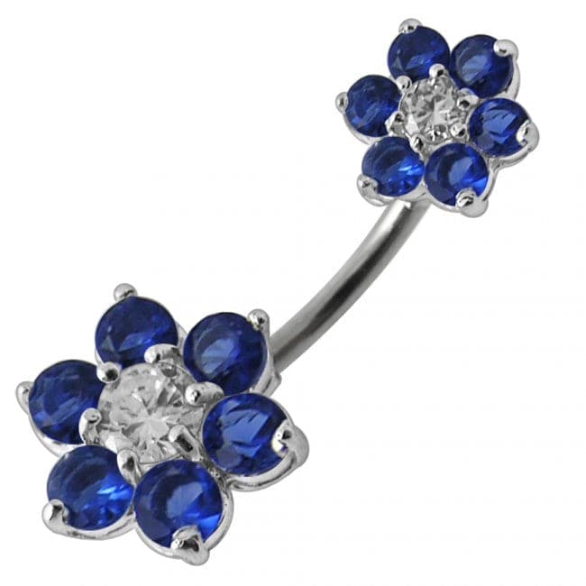 Jewelled Flower Pair Spinal Belly Button Ring - Monster Piercing