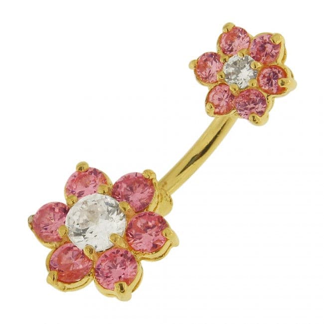 Jewelled Flower Pair Spinal Belly Button Ring - Monster Piercing