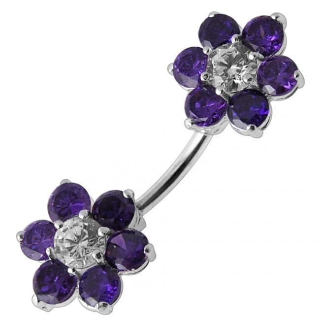 Jewelled Twin Flowers Spinal Belly Button Ring - Monster Piercing