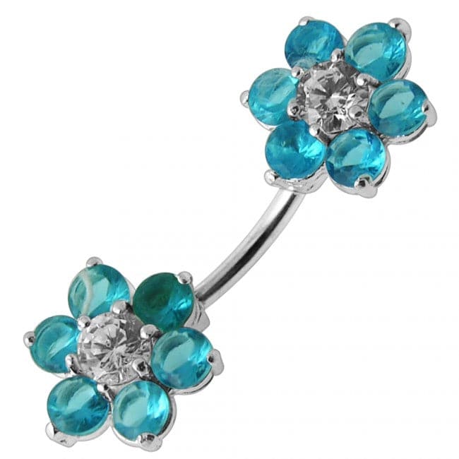 Jewelled Twin Flowers Spinal Belly Button Ring - Monster Piercing