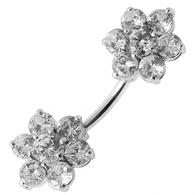 Jewelled Twin Flowers Spinal Belly Button Ring - Monster Piercing