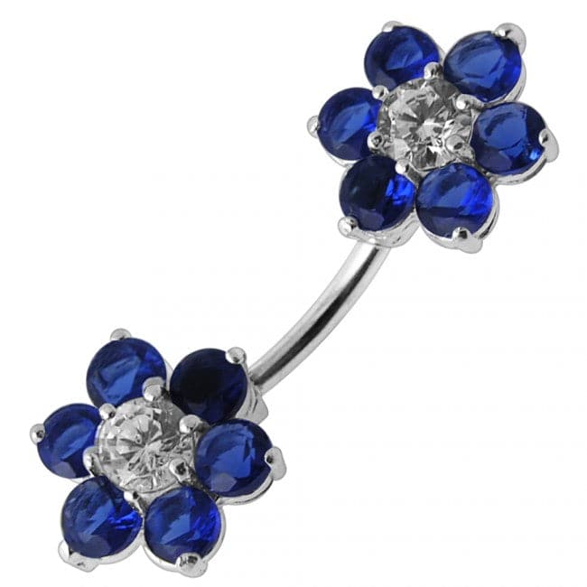 Jewelled Twin Flowers Spinal Belly Button Ring - Monster Piercing