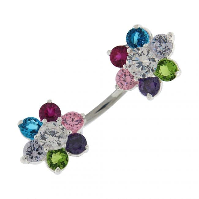 Jewelled Twin Flowers Spinal Belly Button Ring - Monster Piercing